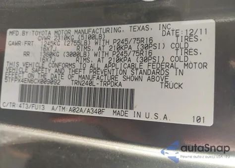 2012 Toyota Tacoma from USA, damaged, VIN 5TFPX4EN6CX009092